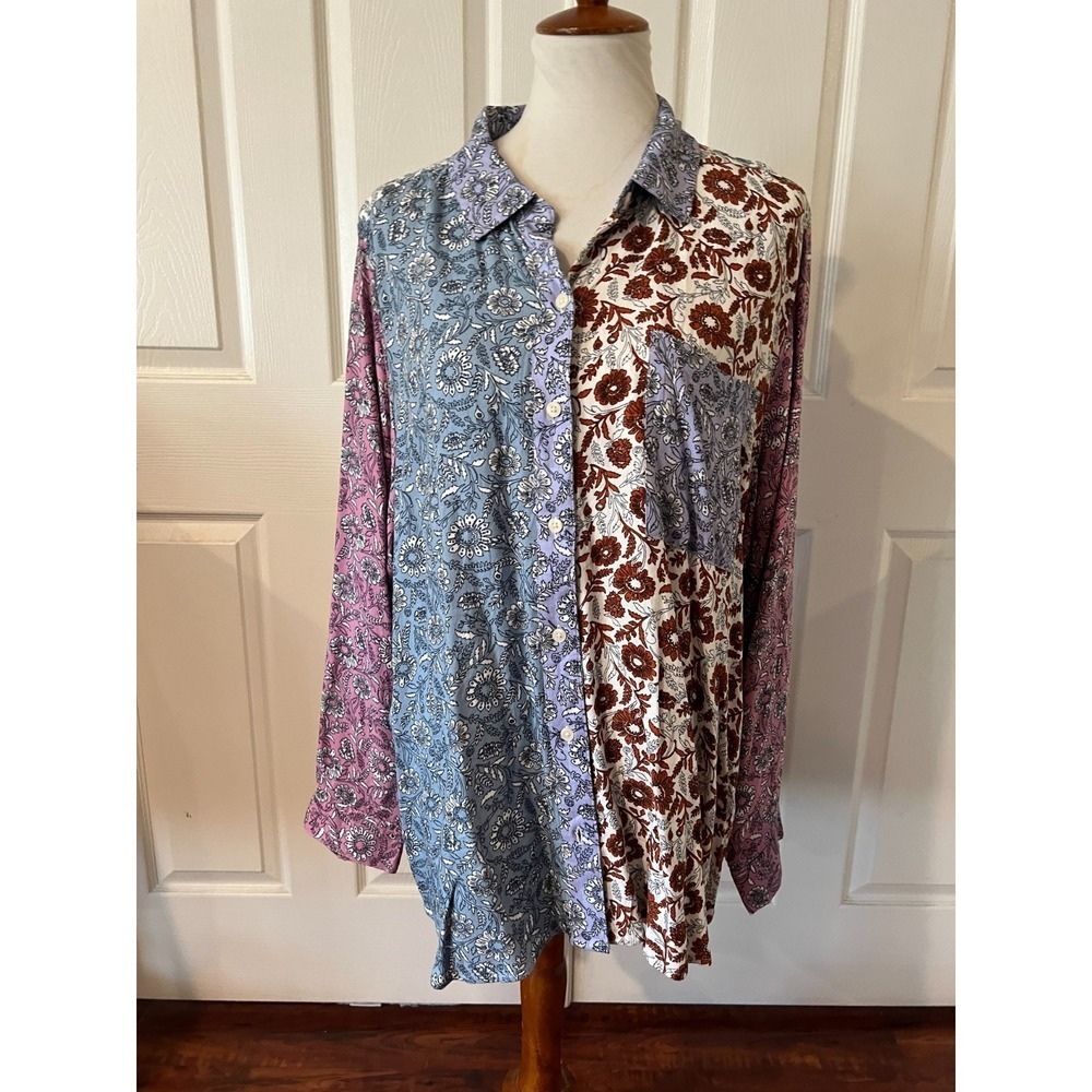 Style Co Womens Floral Pastel Patchwork Button Up Top Plus Sz 3X Boho Spring